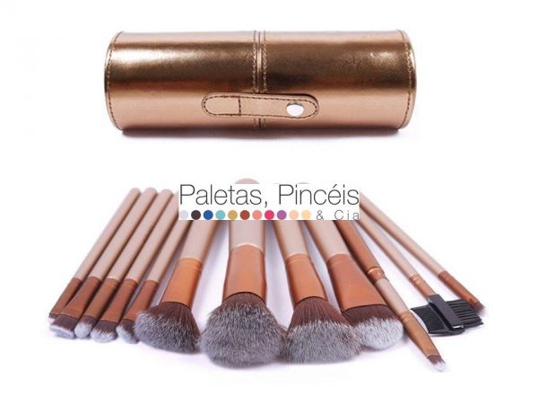 Kit 12 pinceis com suporte dourado