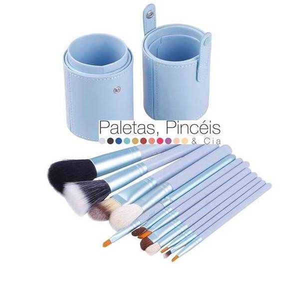 kit com 12 pinceis replica da mac - com suporte - azul