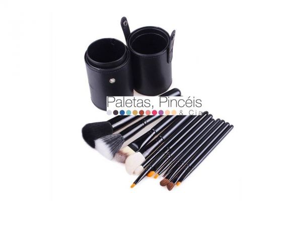 kit com 12 pinceis replica da mac - com suporte - preto