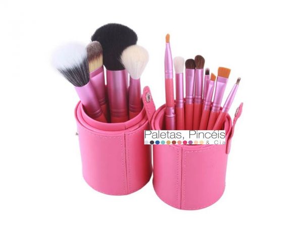 kit com 12 pinceis  - com suporte - rosa