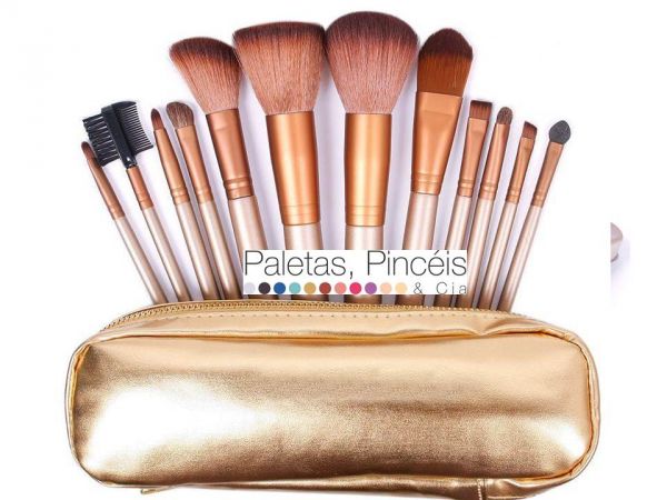 Kit com 12 pinceis dourado - necessaire